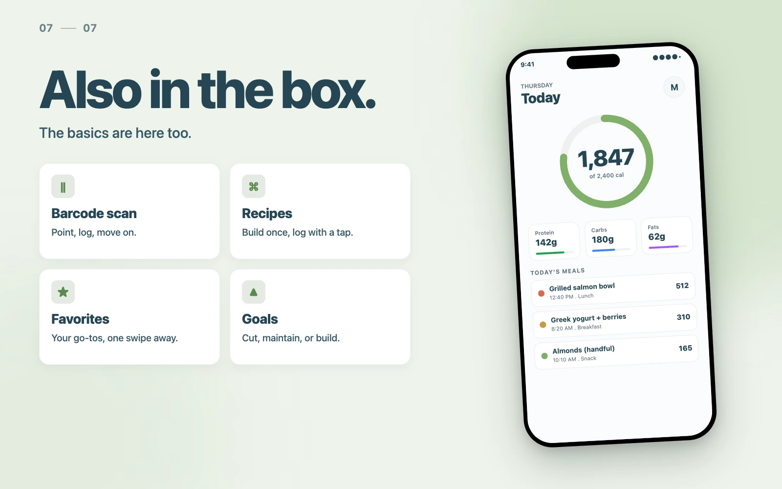 Also in the box - barcode scan, recipes, favorites, goals